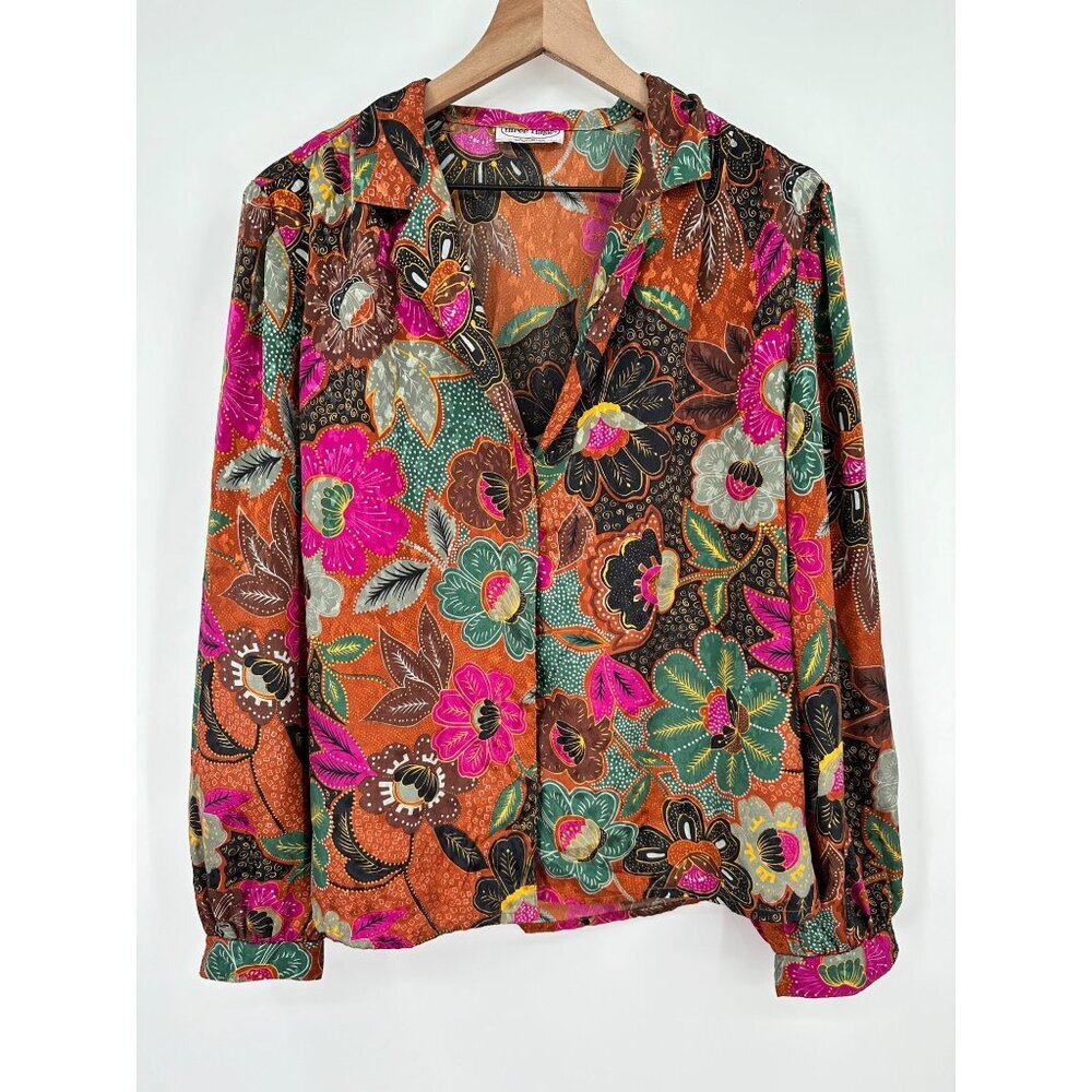 Three Flags Satin Blouse Women Large Button Up Colorful Floral V-Neck Vintage 70